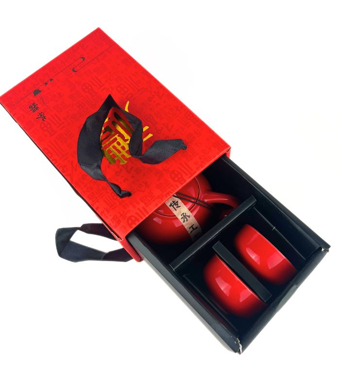 Чайний набір керамічний червоний (чайник + 2 піали) у подарунковій коробці - Зображення 3