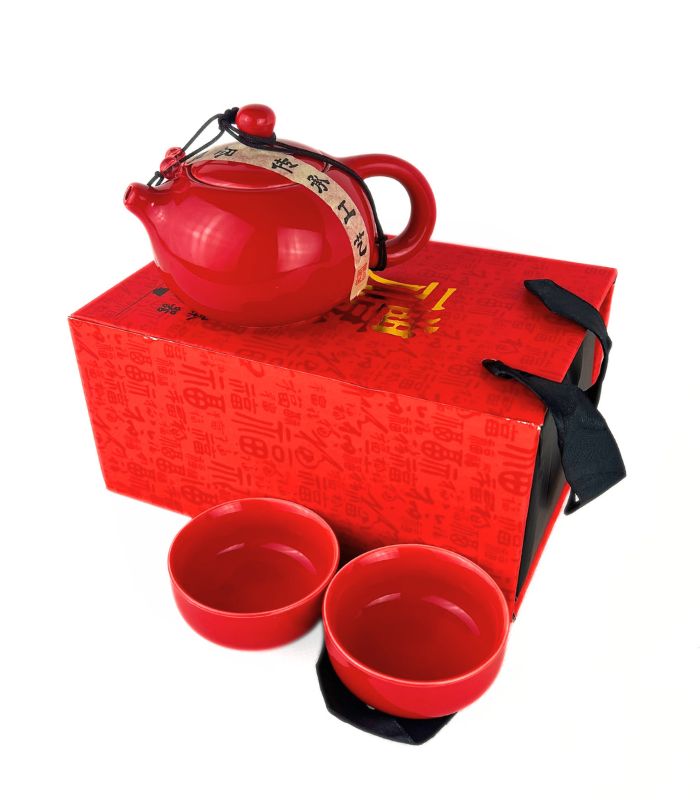 Чайний набір керамічний червоний (чайник + 2 піали) у подарунковій коробці